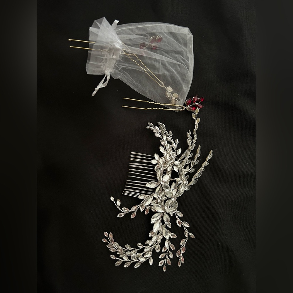 Bridal headpiece set burgundy pins set of 3 and one cz spray comb